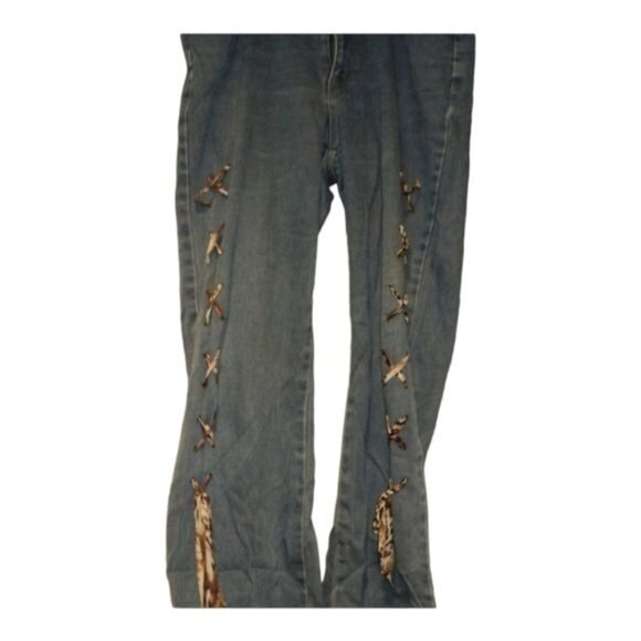 Vtg.90s Y2K Navi XL Bootcut Flare Jeans Boho 16-18 USA Funky Lace-Up Denim - Picture 14 of 16